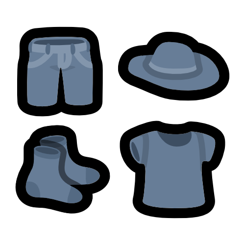 a dull blue cargo shorts, hat, socks, and tshirt.